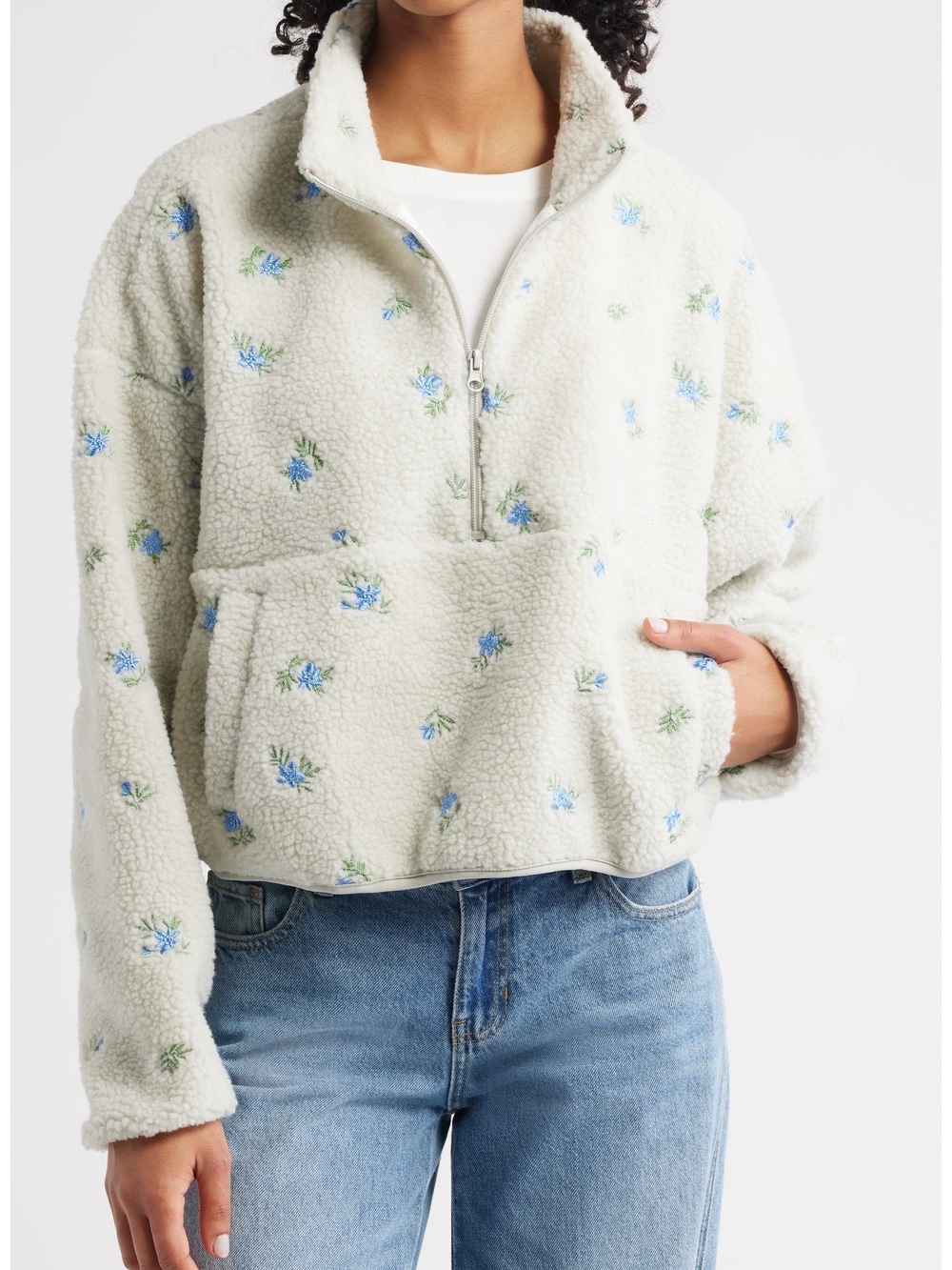 NWT Happy Camp3R Fleece Pullover Quarter Zip Floral Soft Grey | XL